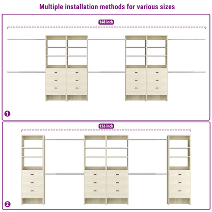 96" Closet System Value 4-Pack with 12 Hanging Rods & 12 Wooden Drawers - Adjustable (5-8FT Each)