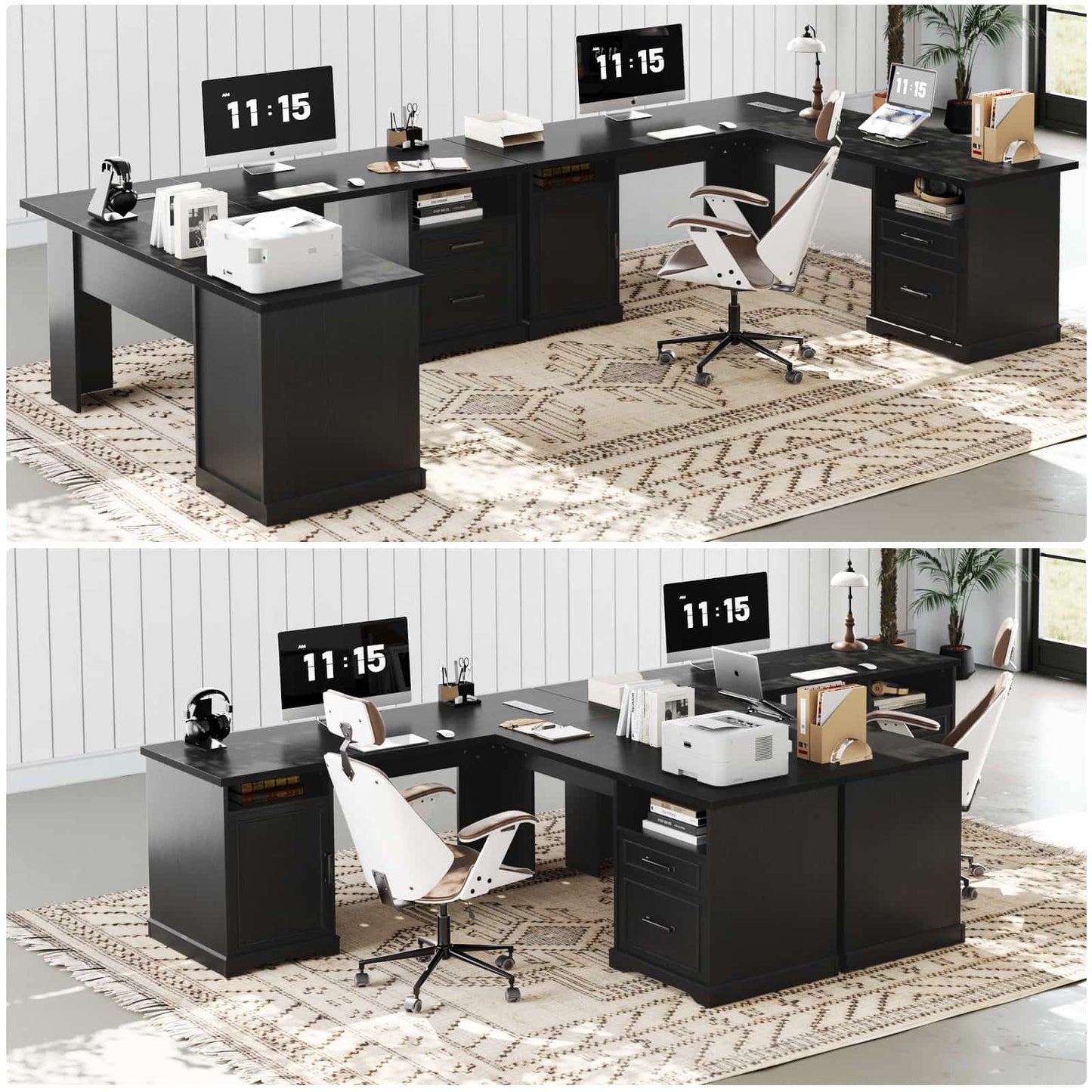 L Shaped Executive Desk with File Drawers, 60" Corner Computer Desk with Power Outlets