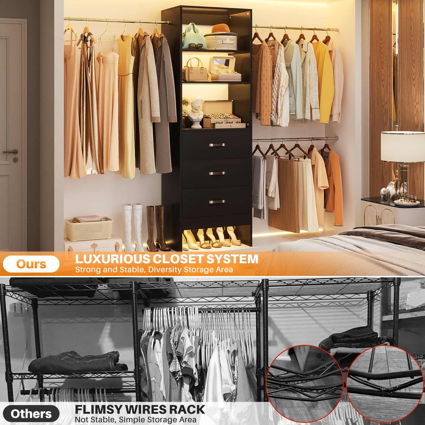 Adjustable 5-8FT Wall-Mounted Closet Organizer System with 3 Hanging Rods & 3 Wood Drawers