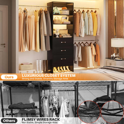 Adjustable 5-8FT Wall-Mounted Closet Organizer System with 3 Hanging Rods & 3 Wood Drawers