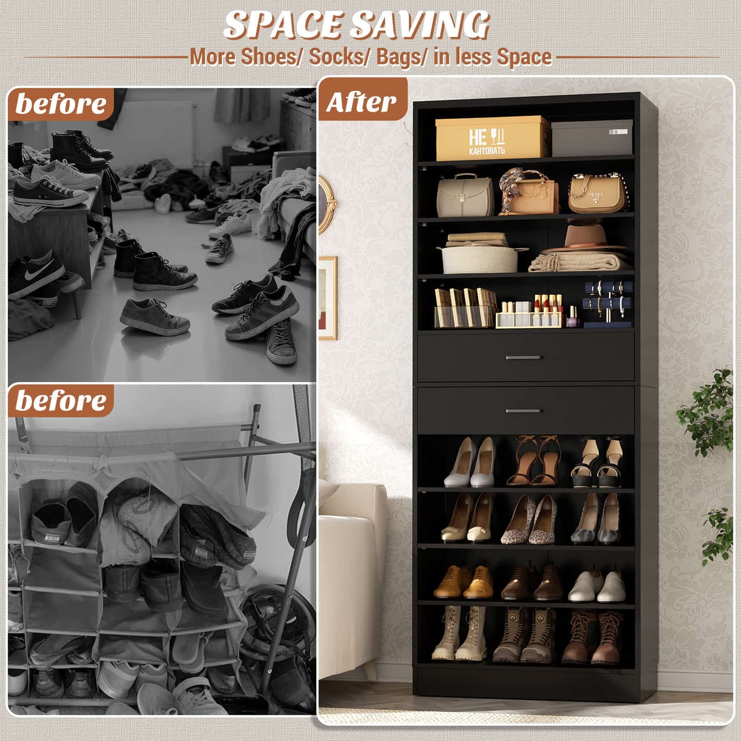 10-Tier Shoe Cabinet with 2 Drawers, 65cm Width Freestanding Closet Organizer