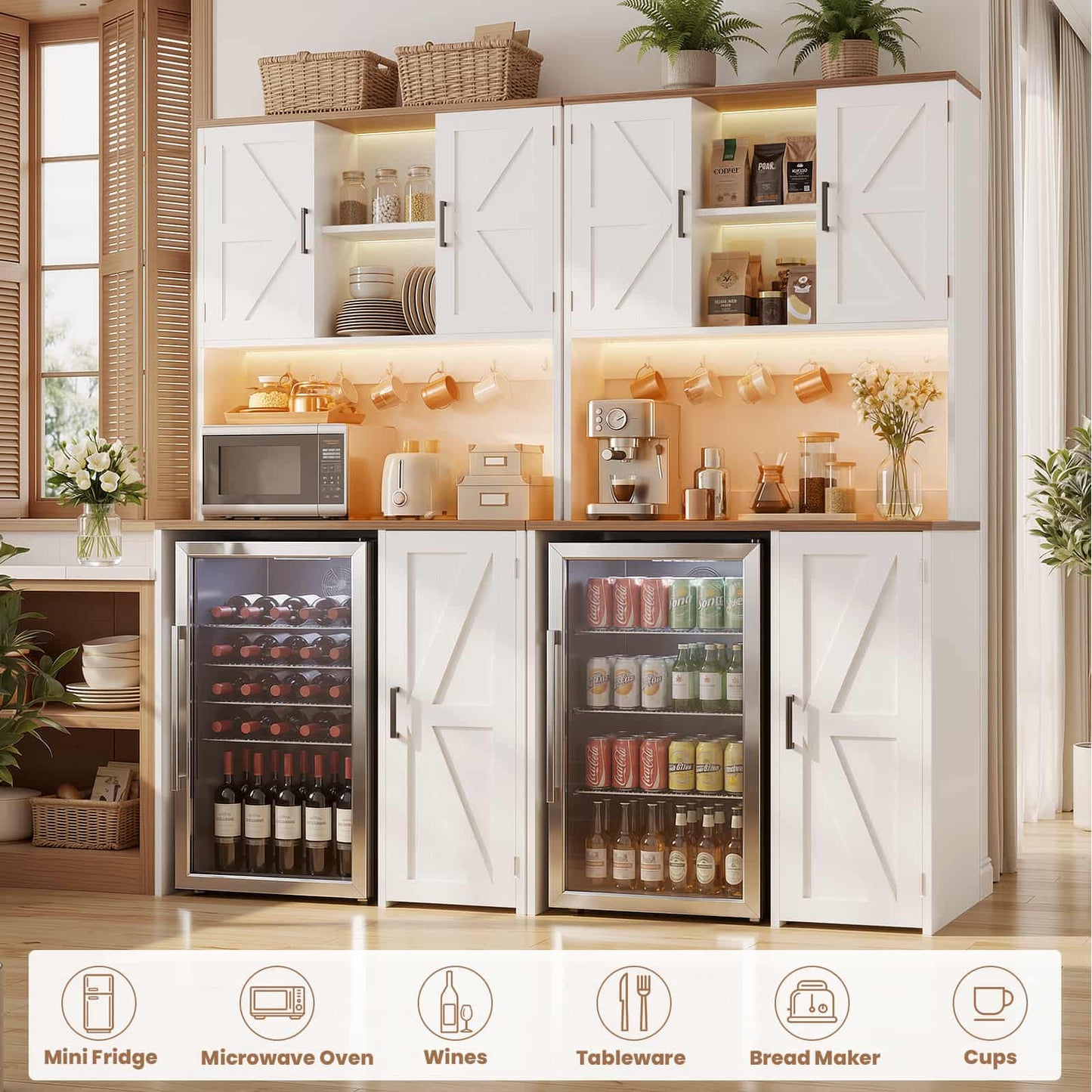2-Piece Beverage Station Set - Mini Fridge Cabinet & Coffee Bar with Charging Hub, LED Light & Wine Storage