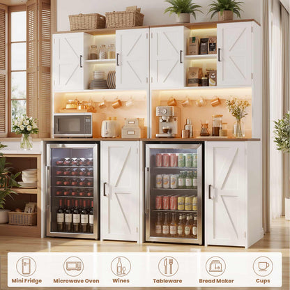 2-Piece Beverage Station Set - Mini Fridge Cabinet & Coffee Bar with Charging Hub, LED Light & Wine Storage