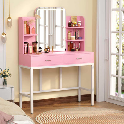Vanity Desk with LED Lighted Mirror, Makeup Desk with 5 Storage Shelves & 2 Drawers, Vanity Table, Modern Dressing Table with 3 Color Lighting