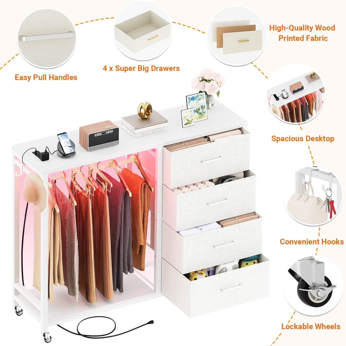 Dresser with Hanging Rack & 4 Drawers