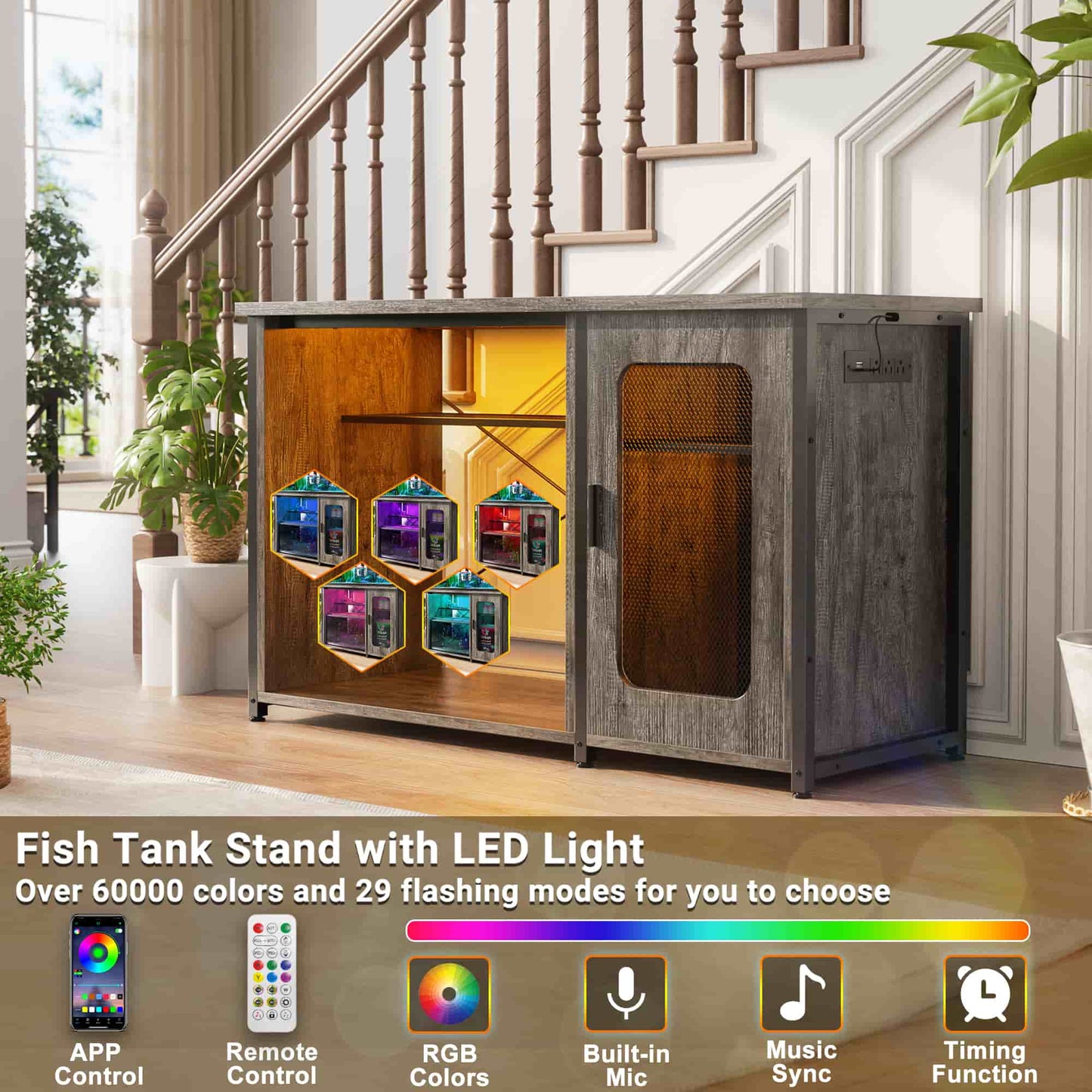 Heavy Duty 55-75 Gallon Aquarium Stand with Power Outlets, LED Light & Storage Cabinet - Reversible Metal Fish Tank Stand, 880LBS Capacity