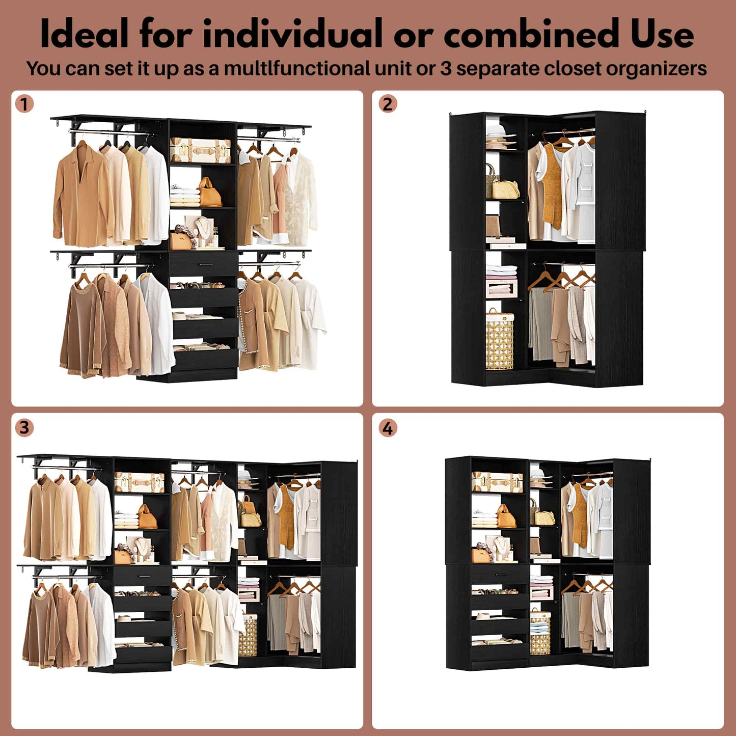 96"-128" 2-Piece Freestanding Closet System, Corner Wardrobe Organizer with Drawers & Shelves for Bedroom/Living Room