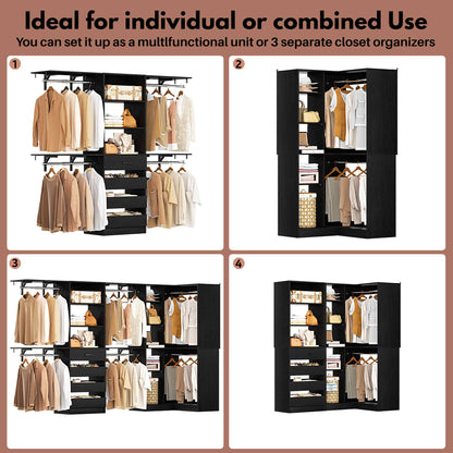 96"-128" 2-Piece Freestanding Closet System, Corner Wardrobe Organizer with Drawers & Shelves for Bedroom/Living Room
