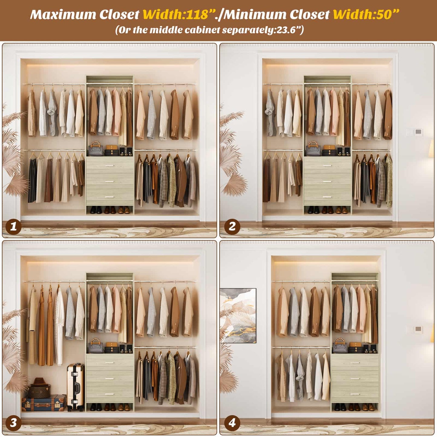 Closet System, Closet Organizer with 3 Wooden Drawers