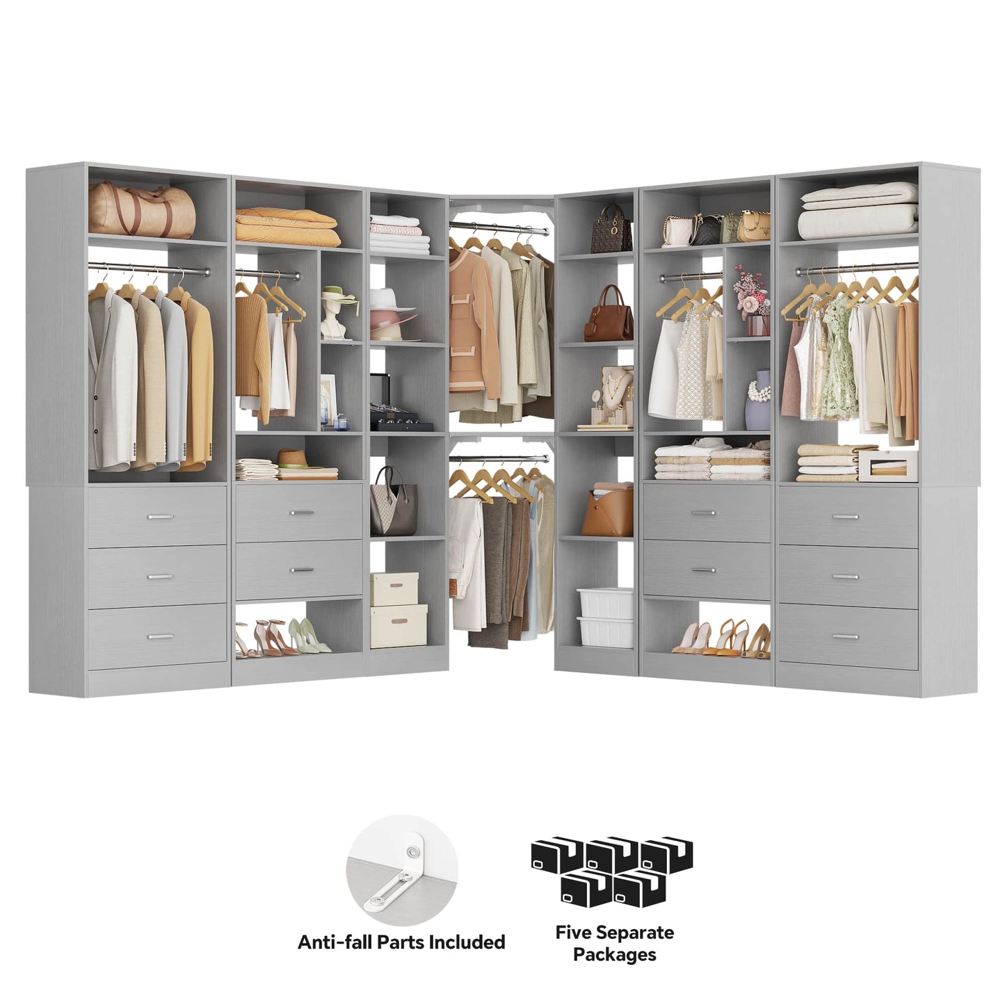 Complete Corner & Straight Closet Organizer Suite:1 Corner Shelf Unit + 4 Tower Systems ( 4-Drawer+ 6-Drawer Options)