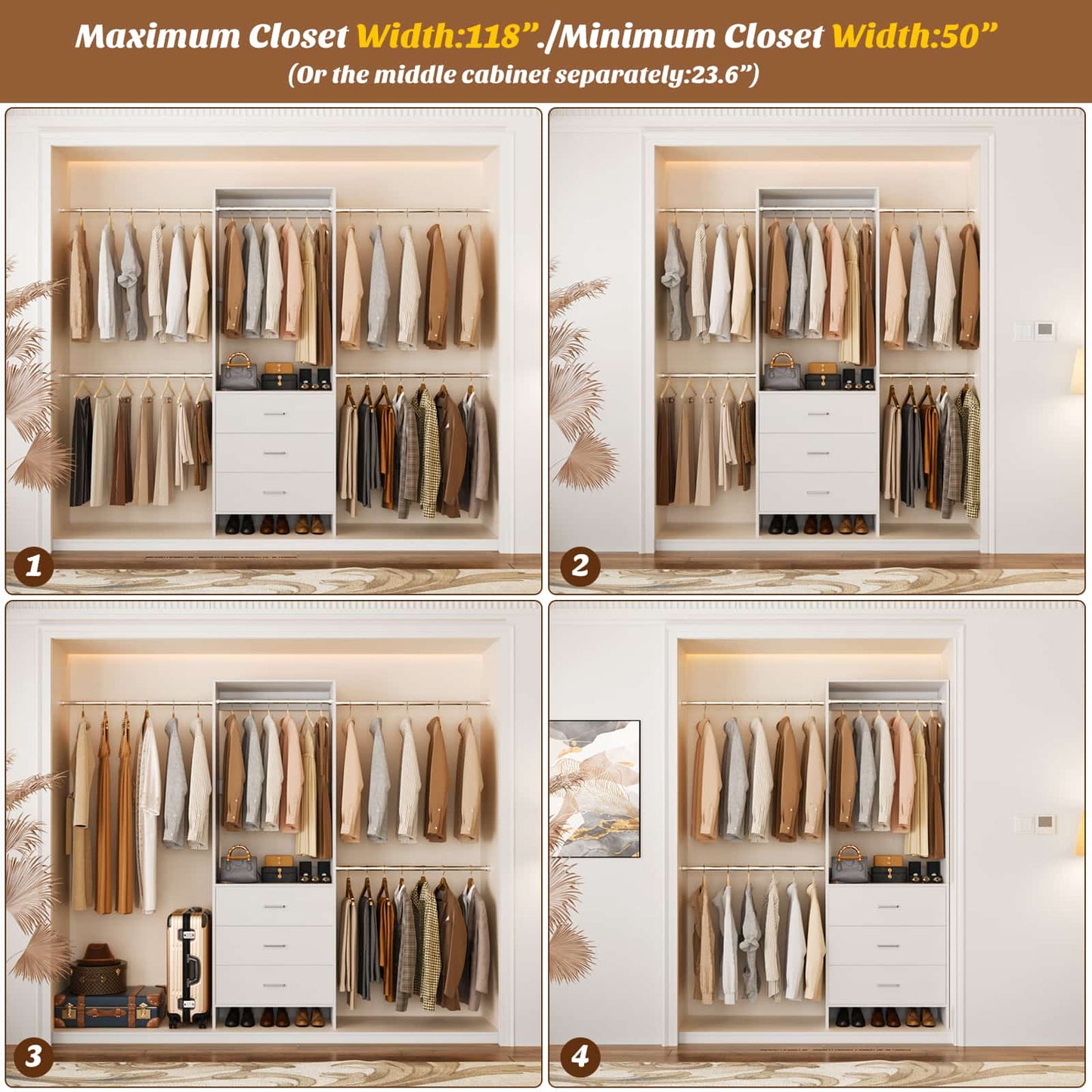 Closet System, Closet Organizer with 3 Wooden Drawers