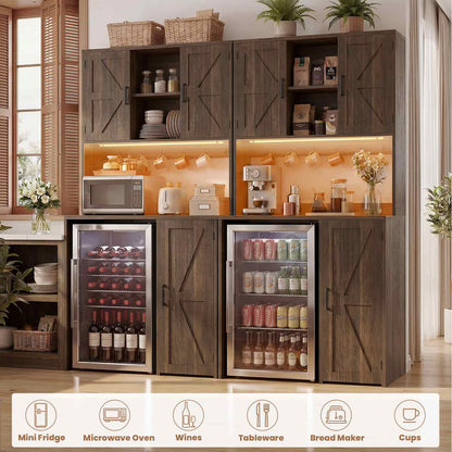 2-Piece Beverage Station Set - Mini Fridge Cabinet & Coffee Bar with Charging Hub, LED Light & Wine Storage