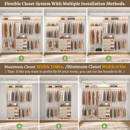8FT Walk-in Armoire Closet Organizer with 3 Wooden Drawers & Hanging Rods, Adjustable Garment Rack for 5.3-9 ft Spaces,Wardrobe Storage Shelf