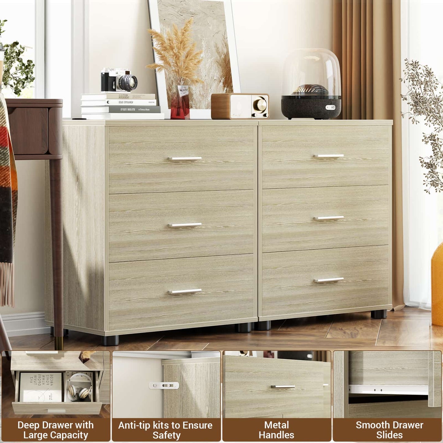 Closet Drawers Set of 2 – Wooden Closet Organizer with 3 Drawers Each, Storage Unit