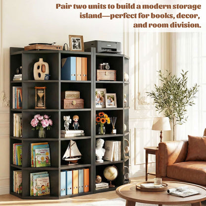 6-Tier Corner Cabinet with Power Outlets & 15 Cubes - Wooden L-Shaped Bookshelf, Toy Storage for Home Office, Bedroom, Living Room