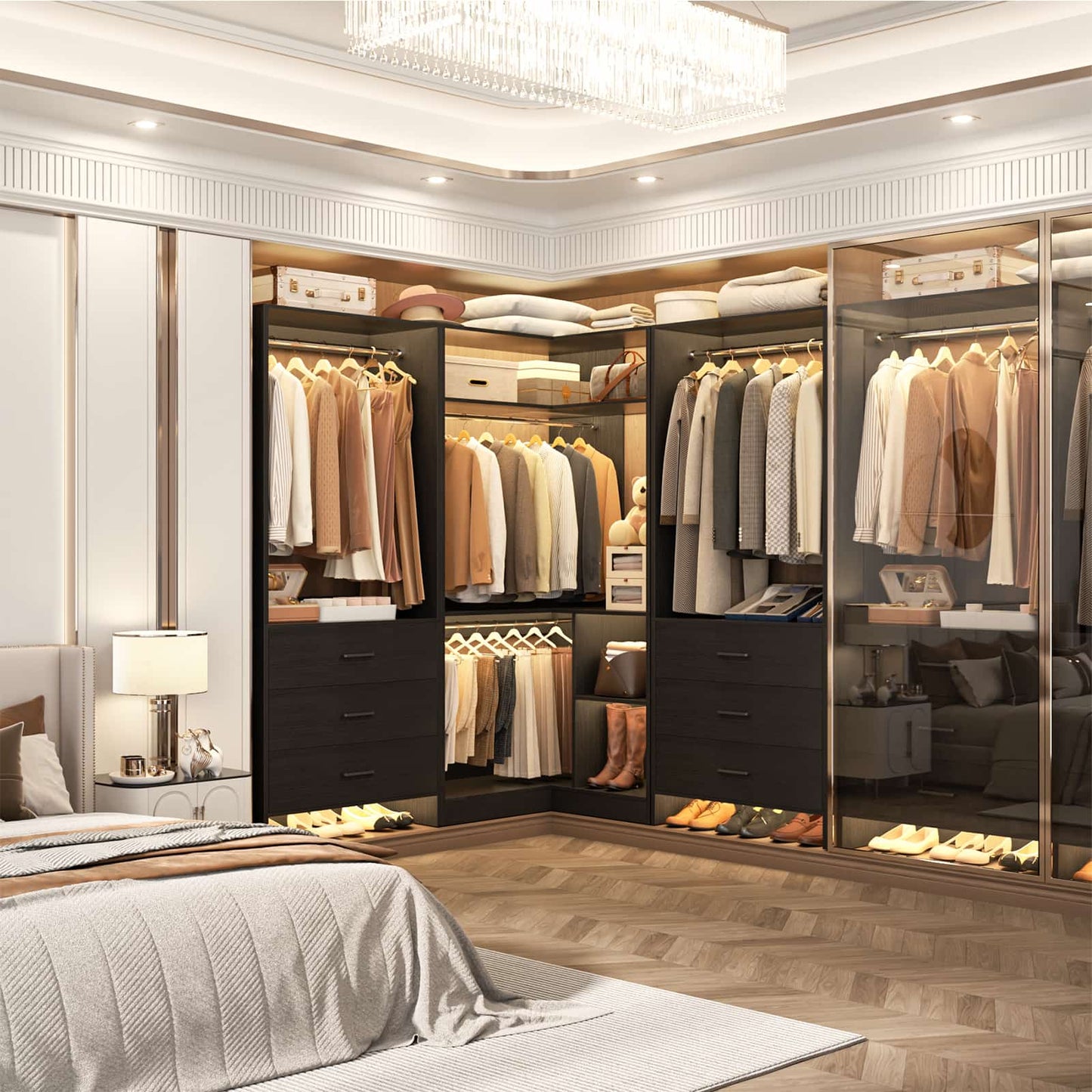 81'' Closet System with 6 Drawers, 4 Hanging Rods & Corner Tower