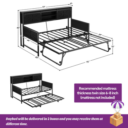 Twin Size Daybed with Trundle, Daybed with Charging Station & Storage Headboard, Heavy Duty Metal Sofa Bed Frame with Pop-up Trundle
