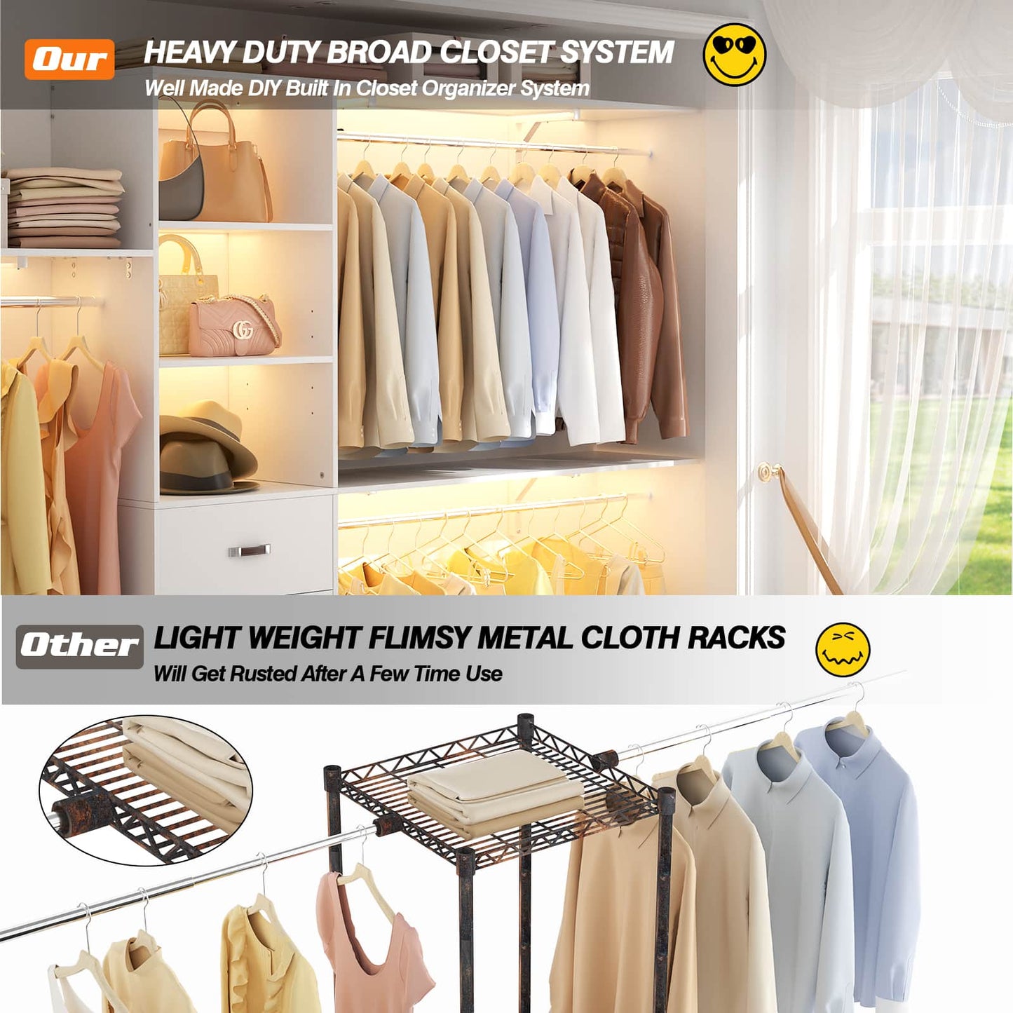 120'' W Closet System with Drawers, Closet Organizer with 3 Shelving Towers