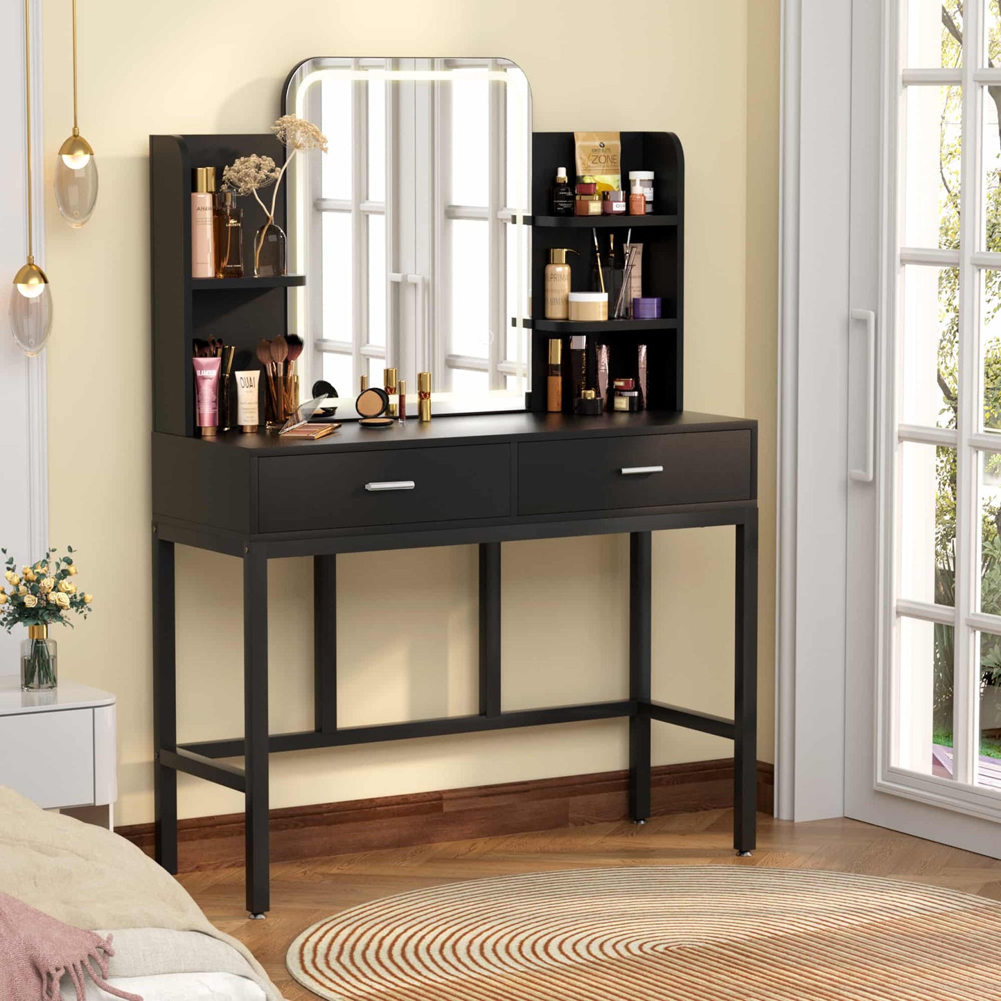 Vanity Desk with LED Lighted Mirror, Makeup Desk with 5 Storage Shelves & 2 Drawers, Vanity Table, Modern Dressing Table with 3 Color Lighting