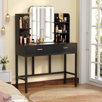 Vanity Desk with LED Lighted Mirror, Makeup Desk with 5 Storage Shelves & 2 Drawers, Vanity Table, Modern Dressing Table with 3 Color Lighting