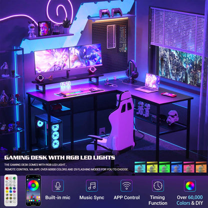 L Shaped Computer Desk with Magic Power Outlets and Smart LED Light