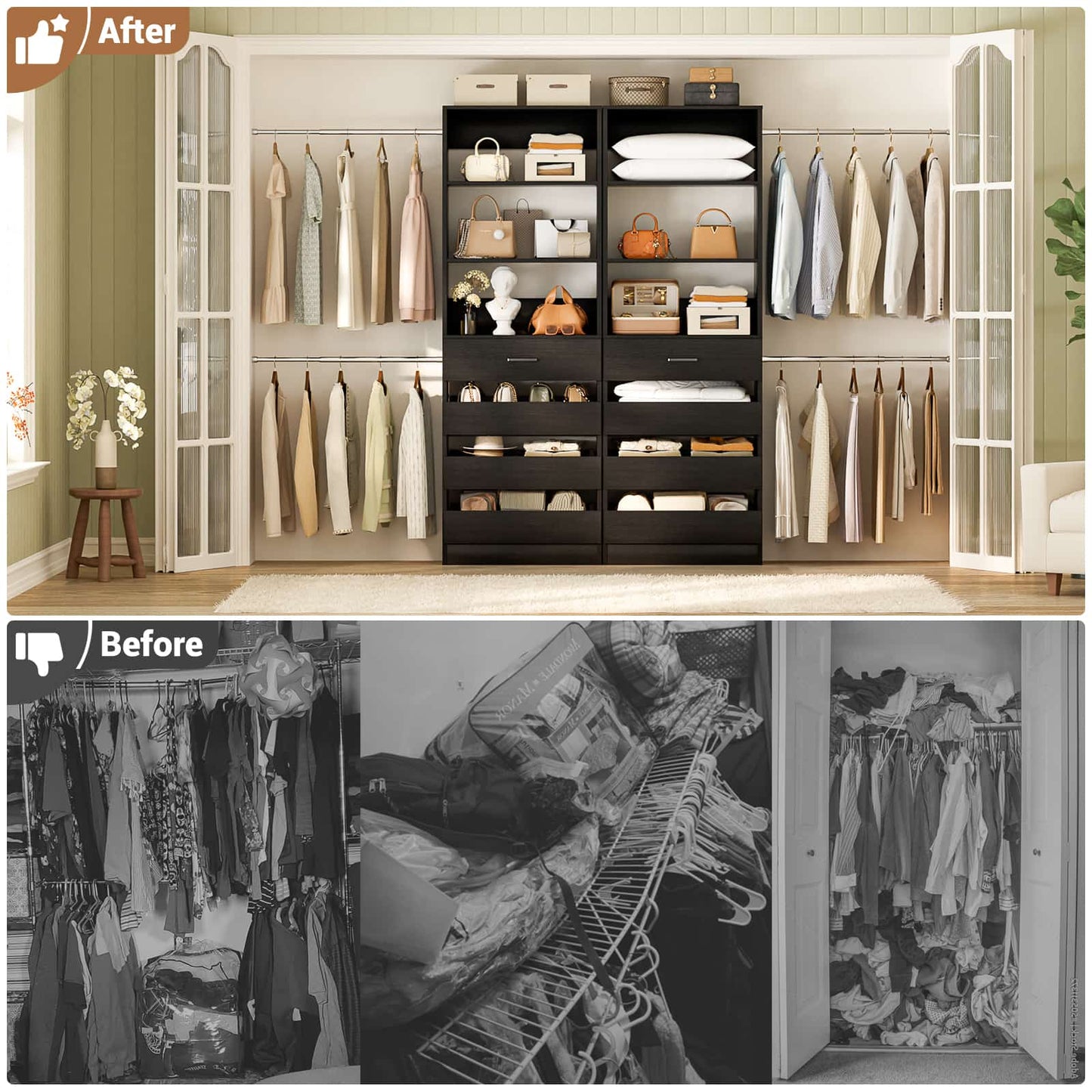 Adjustable Closet Organizer System (6-15Ft) with 8 Wooden Drawers & Modular Tower