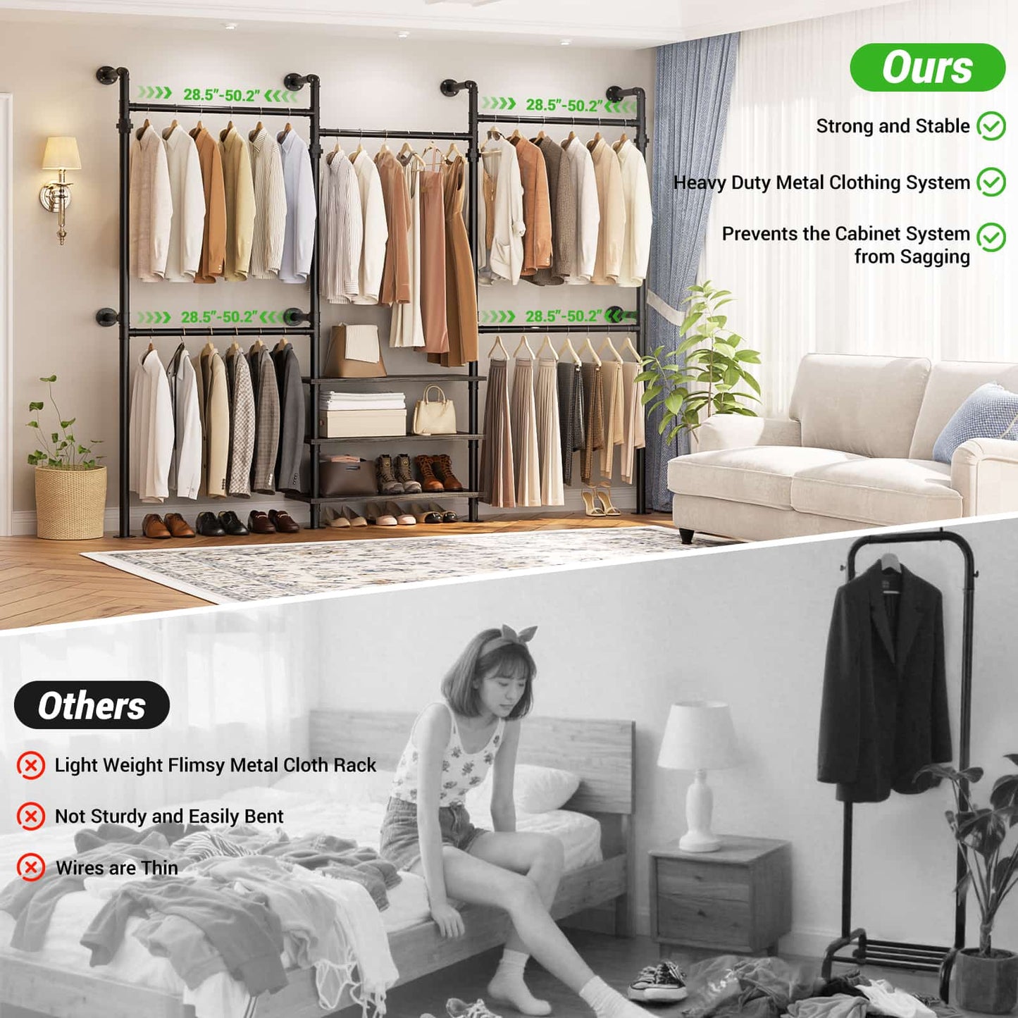84"-128" Adjustable Metal Pipe Clothing Rack Wall-Mounted,Industrial Garment Rack with 3-Tier Wooden Shelves,Heavy-Duty 1000LBS Capacity