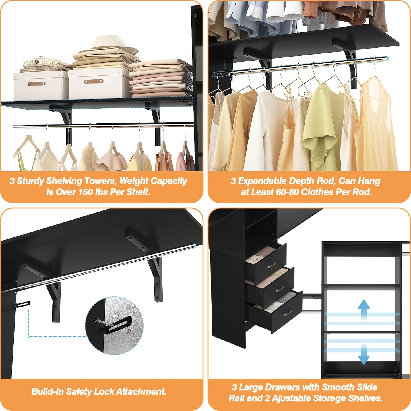 96‘’ W Closet System, Walk In Closet Organizer with 3 Shelving Towers