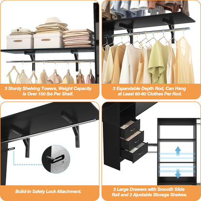 96‘’ W Closet System, Walk In Closet Organizer with 3 Shelving Towers