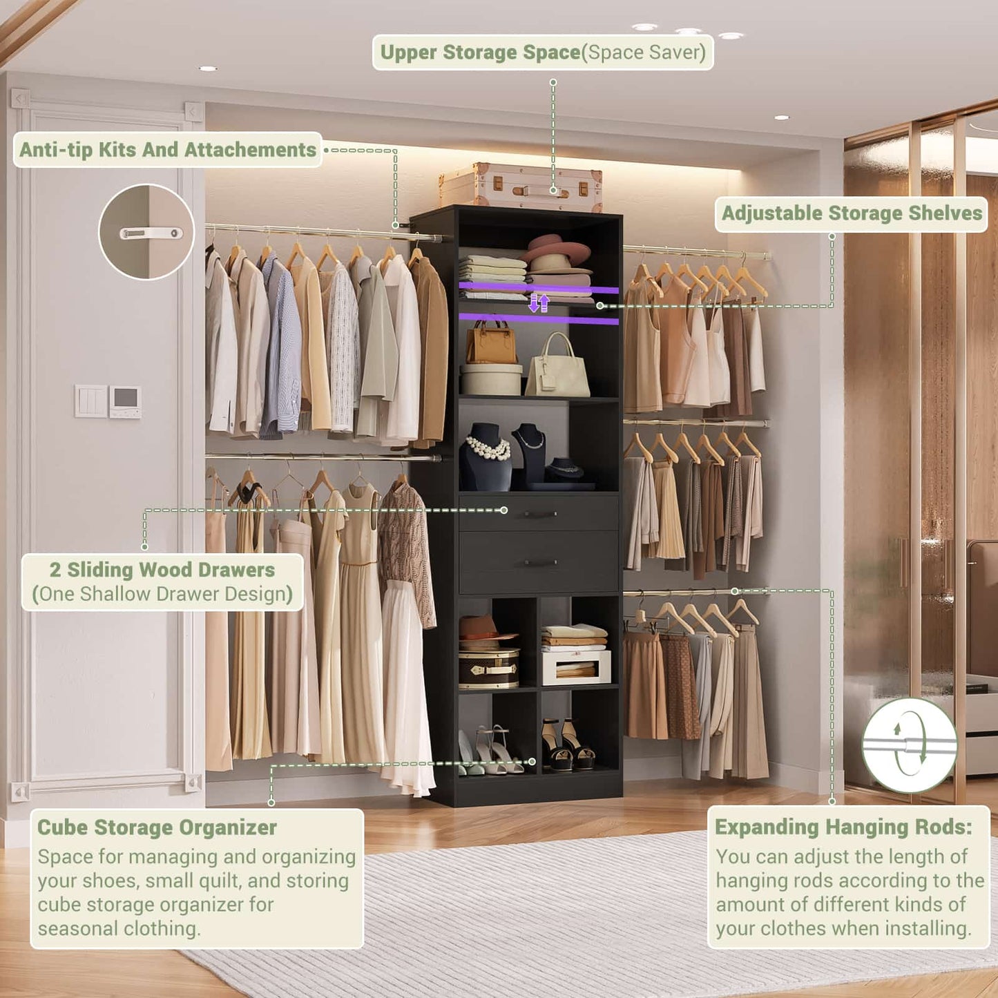4-8 FT Walk-in Closet Organizer Tower, 2 Wooden Drawers + 5 Hang Rods, Built-in Shelves, Fit 60-96'' Closet Systems