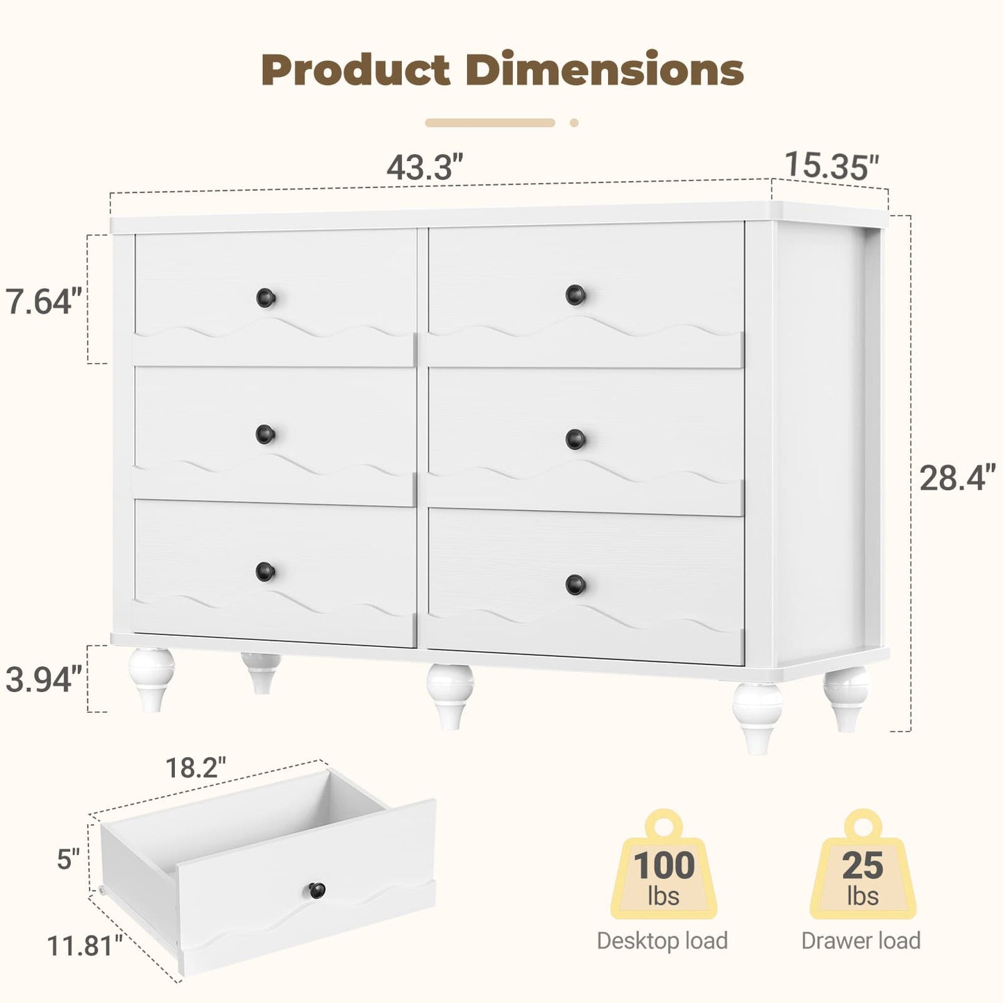6-Drawer Dresser for Bedroom - 43" Modern Chest of Drawers with Scalloped Front, Storage Organizer