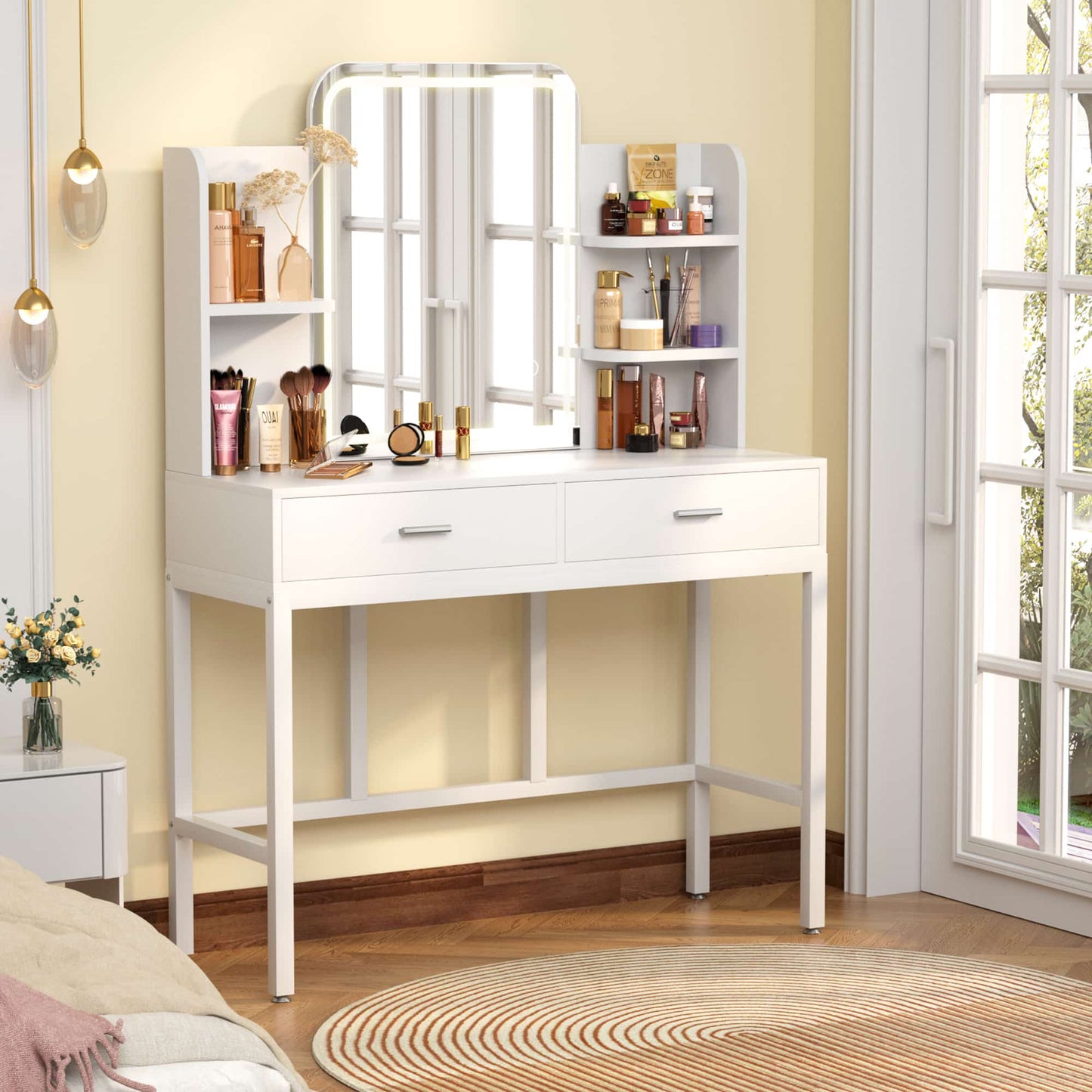Vanity Desk with LED Lighted Mirror, Makeup Desk with 5 Storage Shelves & 2 Drawers, Vanity Table, Modern Dressing Table with 3 Color Lighting