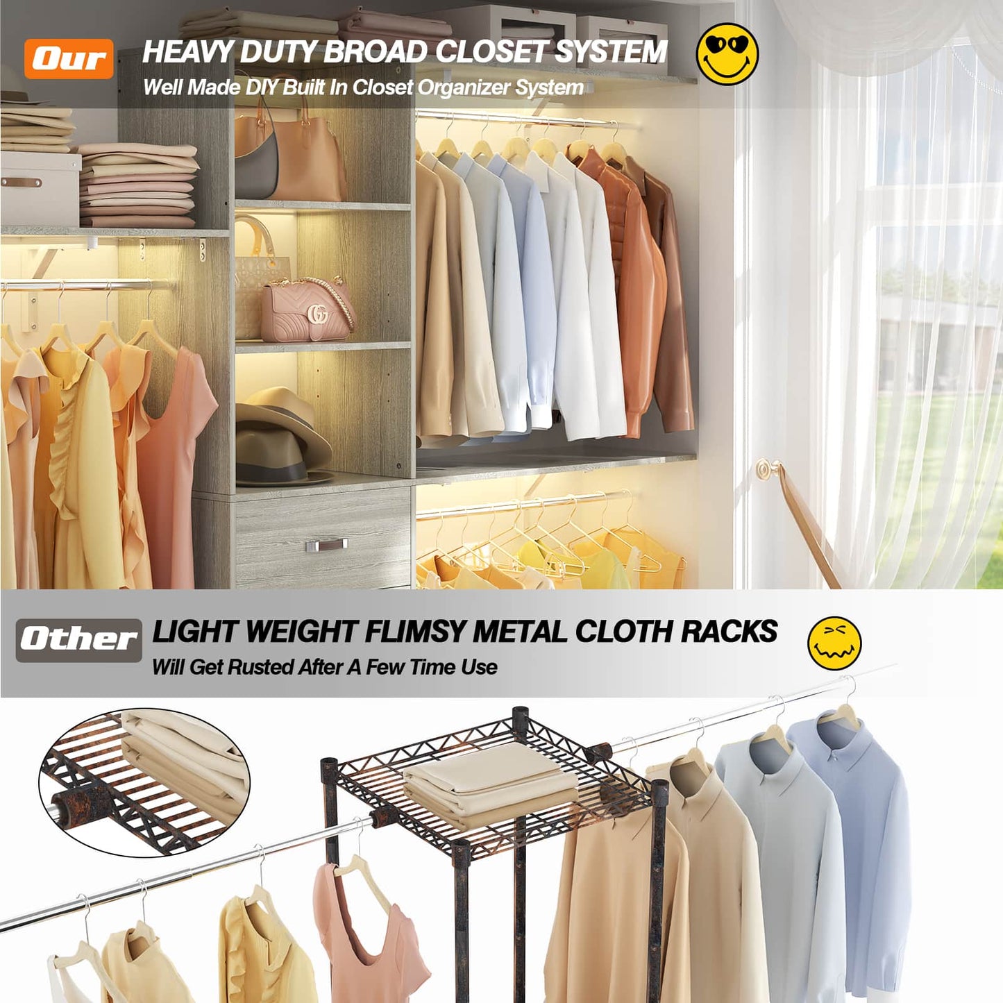 96‘’ W Closet System, Walk In Closet Organizer with 3 Shelving Towers