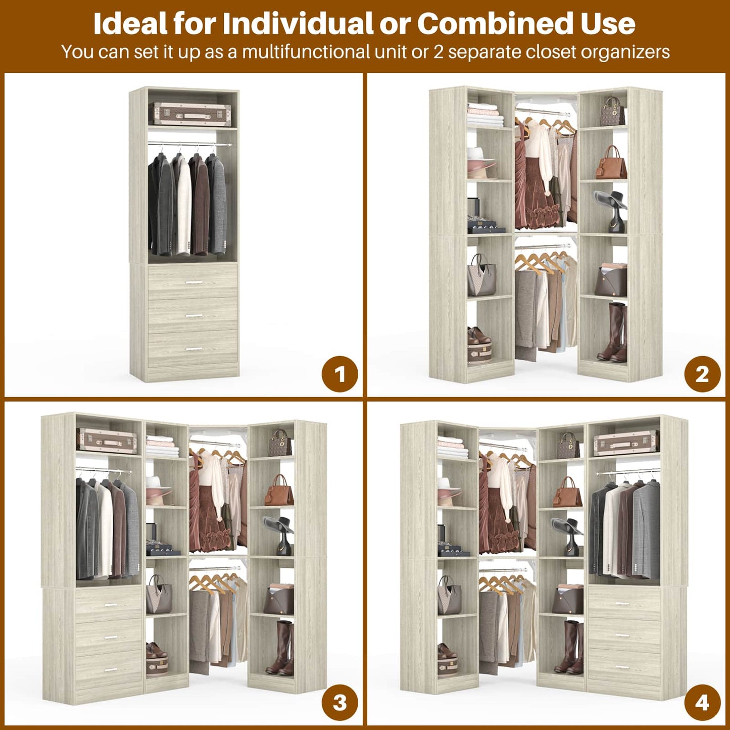 63.2" L X 39.2" W X 80" H Corner Closet System,Freestanding Closet Organizer System With 2 Drawers & 12 Shelves