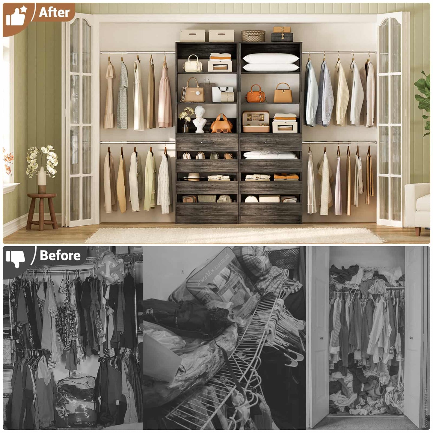 Adjustable Closet Organizer System (6-15Ft) with 8 Wooden Drawers & Modular Tower