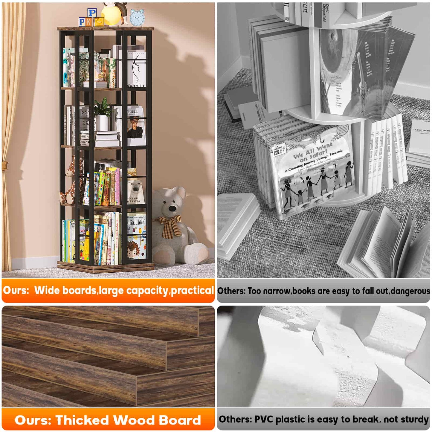 Rotating Bookshelf, Corner Bookshelf, 360 Display Wood Spinning Bookshelf