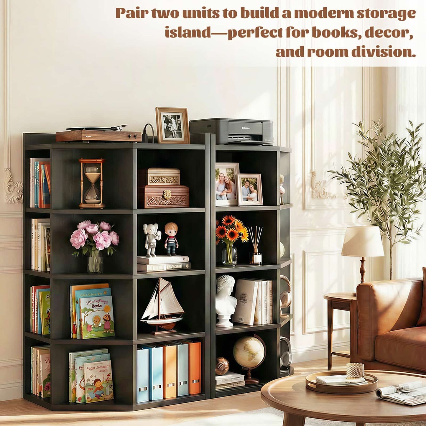 5-Tier Corner Cabinet with Power Outlets & 12 Storage Cubes - Wooden L-Shaped Bookshelf, Toy Organizer