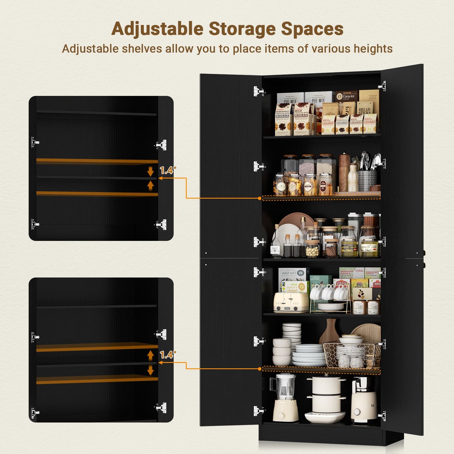 80" Kitchen Pantry, Extra Tall Arch Storage Cabinet with 4 Doors and Adjustable Shelves