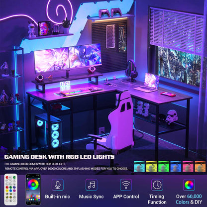 L Shaped Computer Desk with Magic Power Outlets and Smart LED Light