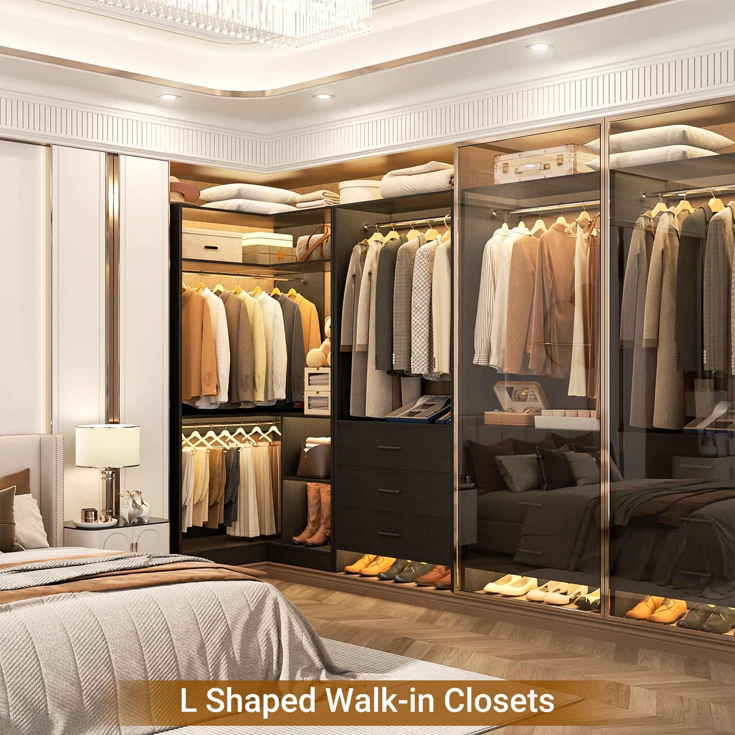 Closet System with 3 Drawers, 2 Hanging Rods & Corner Tower