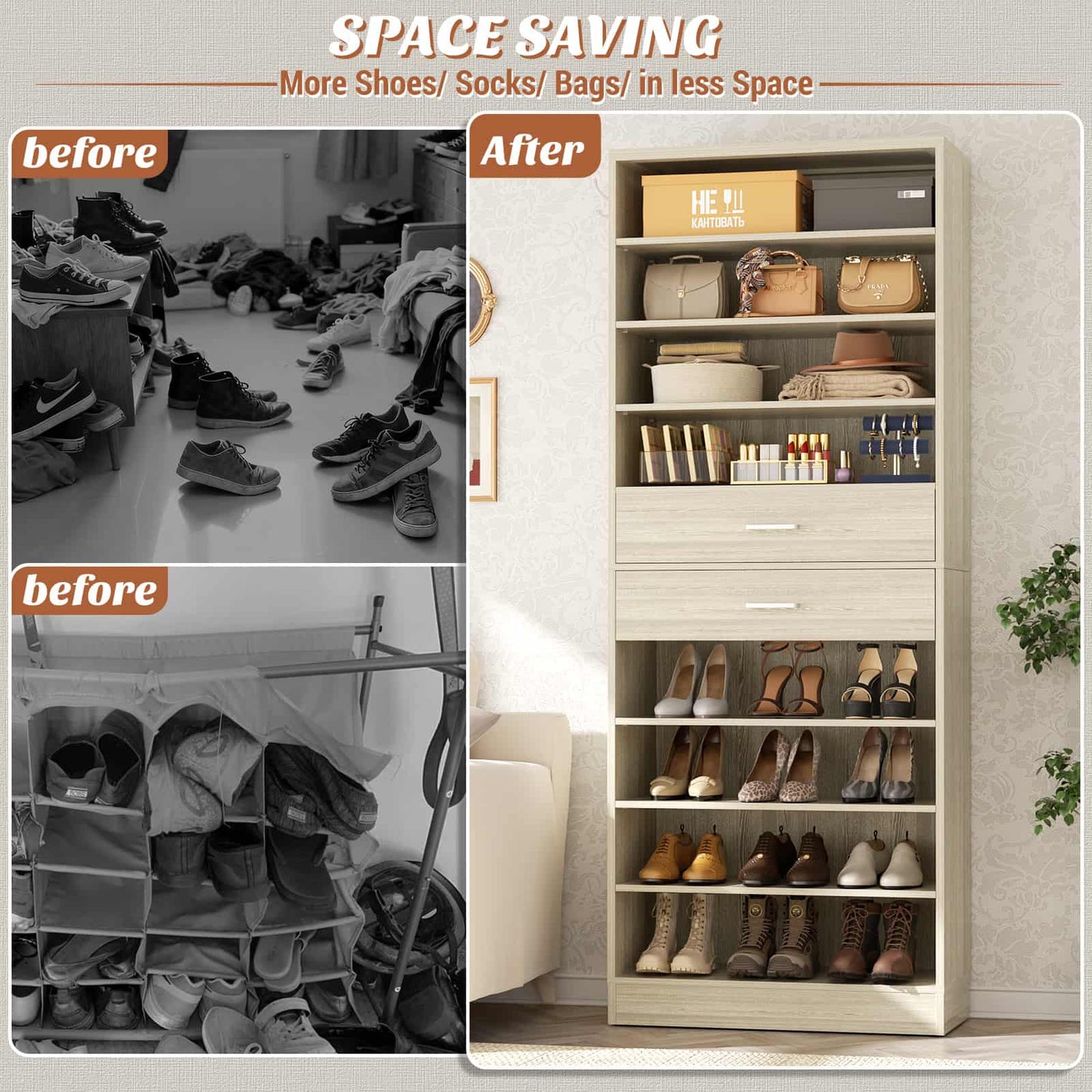 10-Tier Shoe Cabinet with 2 Drawers, 65cm Width Freestanding Closet Organizer