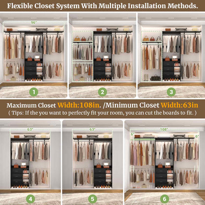 8FT Walk-in Armoire Closet Organizer with 3 Wooden Drawers & Hanging Rods, Adjustable Garment Rack for 5.3-9 ft Spaces,Wardrobe Storage Shelf