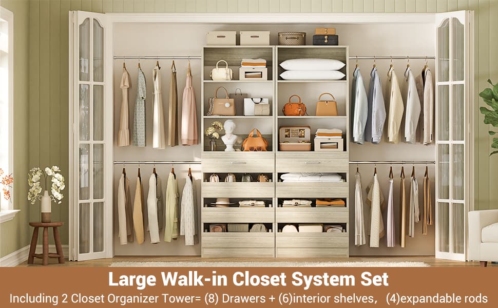 Adjustable Closet Organizer System (6-15Ft) with 8 Wooden Drawers & Modular Tower