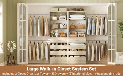 Adjustable Closet Organizer System (6-15Ft) with 8 Wooden Drawers & Modular Tower