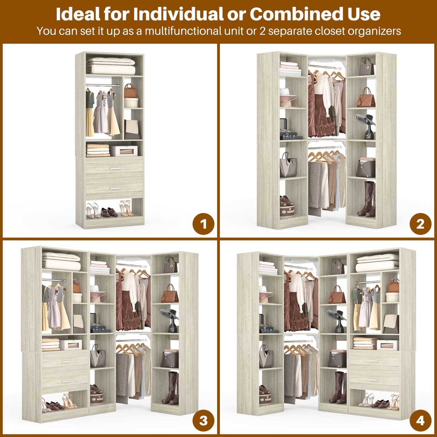 Closet System Closet Organizer, Wood Closet Organizer System,Walk-in Closet or Small Closets Wardrobe, Clothes Rack with Hanging Rods
