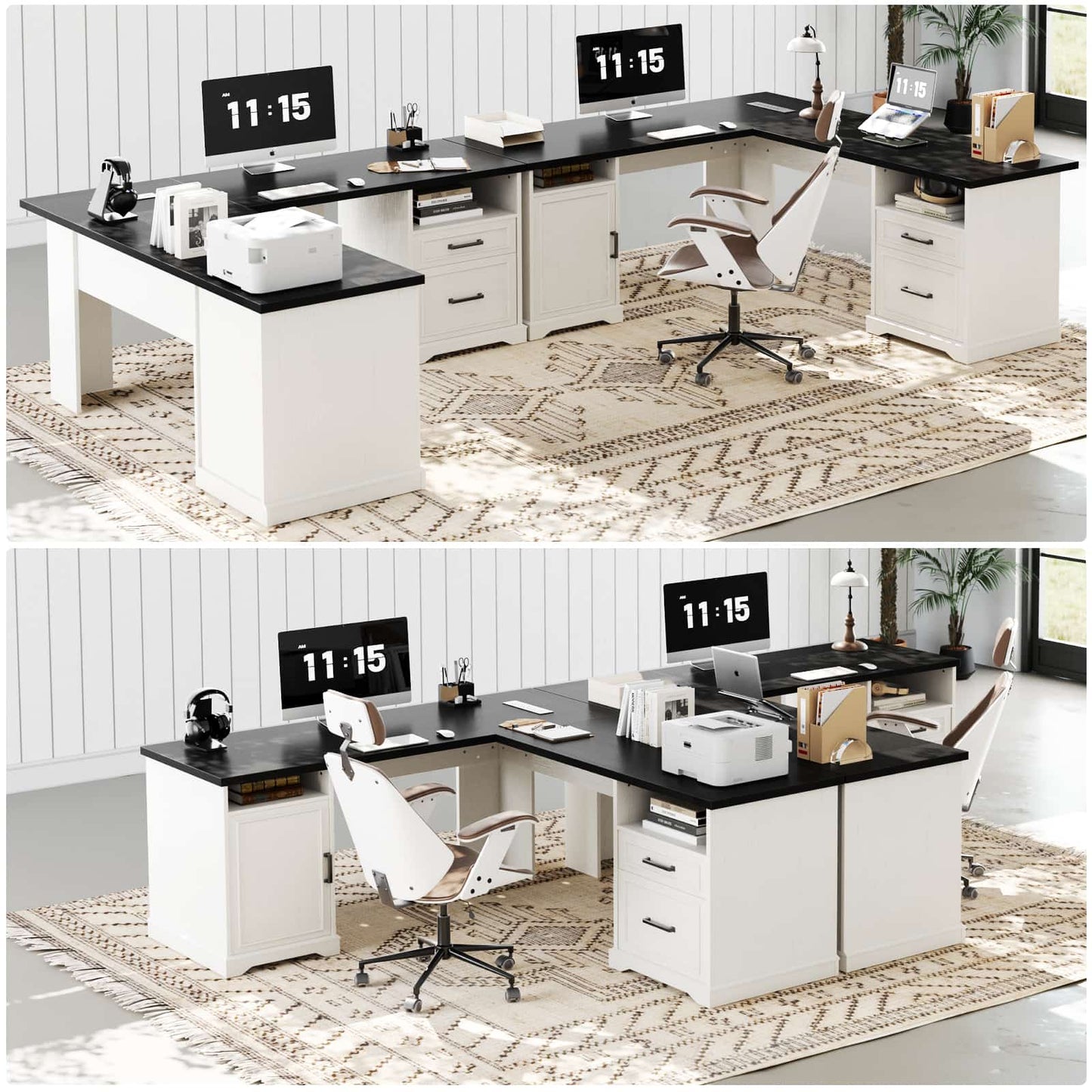 L Shaped Executive Desk with File Drawers, 60" Corner Computer Desk with Power Outlets
