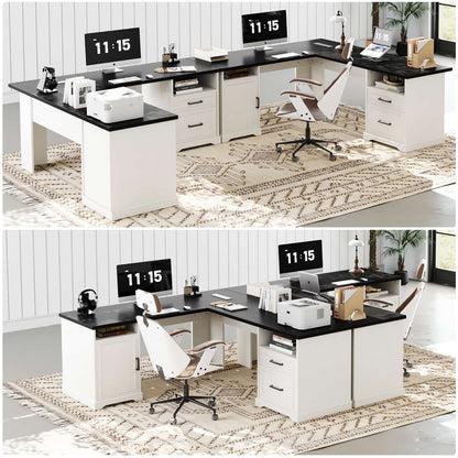 L Shaped Executive Desk with File Drawers, 60" Corner Computer Desk with Power Outlets