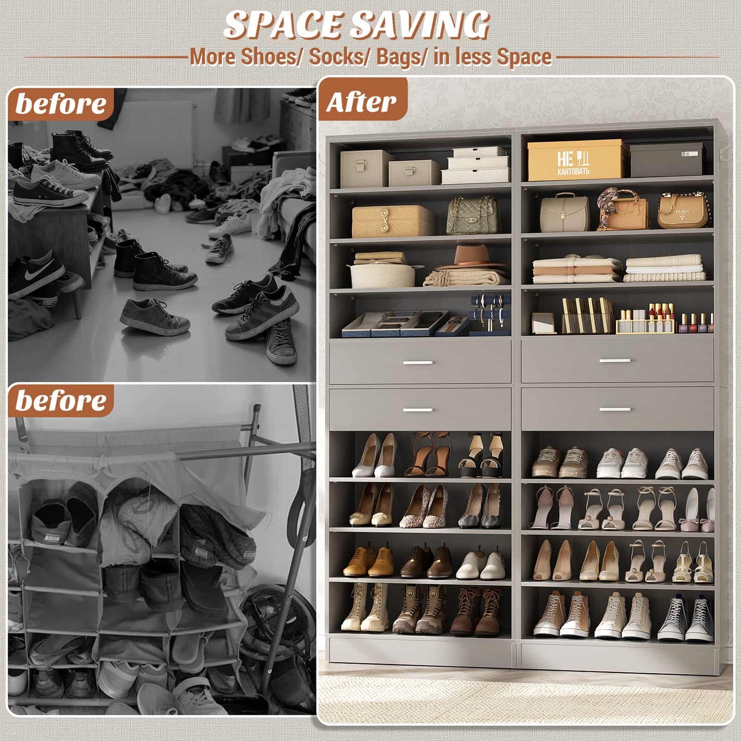 2-Pack 10-Tier Shoe Cabinet Set with 4 Drawers, 65cm Width Freestanding Organizer