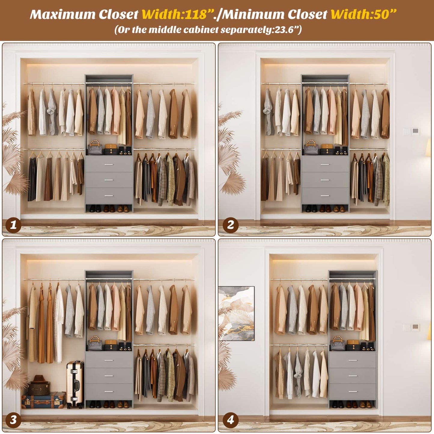 Closet System, Closet Organizer with 3 Wooden Drawers