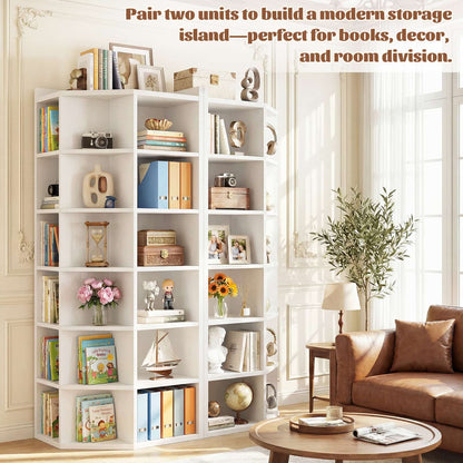 7-Tier Corner Cube Book Shelf - Wooden L-Shaped Storage Cabinet with Top Table for Small Spaces, Home Office, Bedroom, Living Room